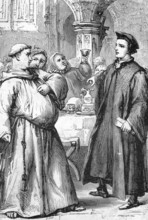Line drawing of William Tyndale (right) making his famous statement to a fat friar that the plowboy