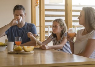 Dad, mom and their daughter have lunch outdoors