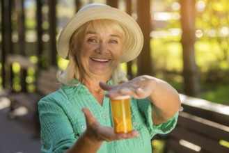Smiling lady with pill bottle. Senior woman holds medicine. Good health and strong immunity. Most
