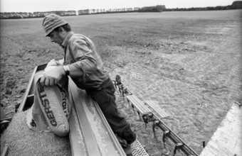 Germany, Eixen, 16.9.1991, tractor driver, farmer who has become self-employed, seed is being