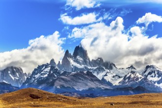 Argentine. Desert and mountains. The famous ridge Mount Fitz Roy in the clouds and the Patagonian