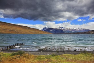 Boat dock on the lake at the Laguna Azul. National Park Torres del Paine in Patagonia, Chile