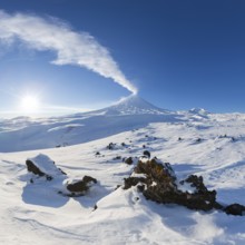 Best mountain travel destination for active vacation in winter season, snowy volcanic landscape and