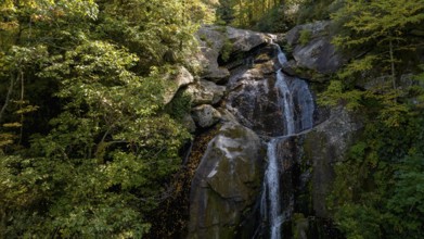 A beautiful waterfalls set in a mountain environment as the leaves start changing for fall