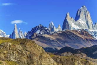 Picturesque mountain range, illuminated by the midday sun. Fitzroi - mountain peak in Patagonia in