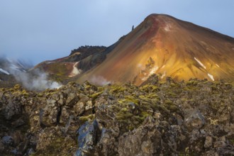 Magic sunrise in the National Park Landmannalaugar, Iceland. Mountains and hardened lava lit the