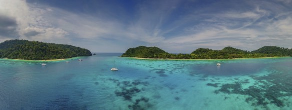 Aerial panorama view of beauty nature landscape with beach, corals and sea on tropical Koh Rok