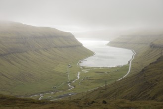 View towards Kollafjordur bay on the Faroe Islands as seen from the surrounding mountain, Faroe