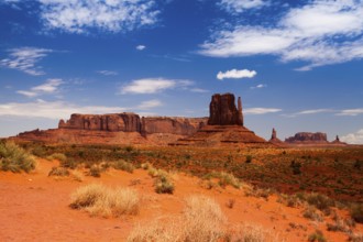 Iconic peaks of rock formations in the Navajo Park of Monument Valley in Utah