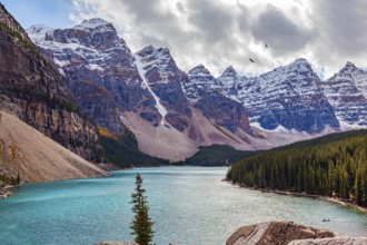 Canada. The most beautiful mountain lake Moraine. The picturesque valley of the Ten Peaks surrounds
