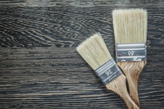 Paintbrushes on wooden board top view