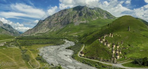 Aerial panorama of Dead Town Dargavs In North Ossetia. The ancient cemetery of the Alans. Many