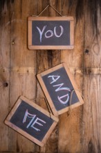 Graphic representation of the word, you and me, written with chalk on blackboard