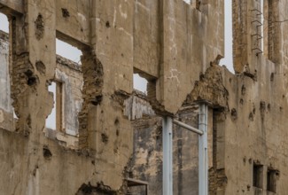 Cheorwon, South Korea, February 2, 2019, Closeup of back wall of North Korean Labor Party building
