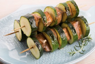 Salmon and courgette shashlik