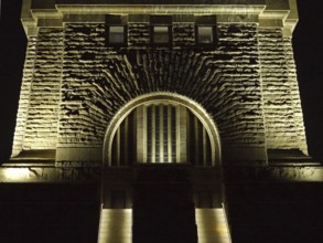 Staircase and masonry at the illuminated Monument to the Battle of the Nations at night. Leipzig,