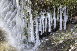 Frost and small icicles on a stone in the river. Spring thaw