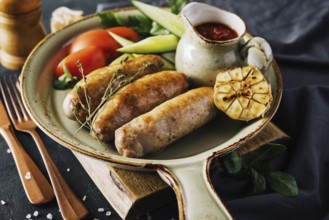 Food, Fried sausages with herbs and vegetables in pan