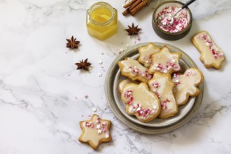 Homemade baking. Gingerbread cookies with glaze on a marble countertop. Copy space