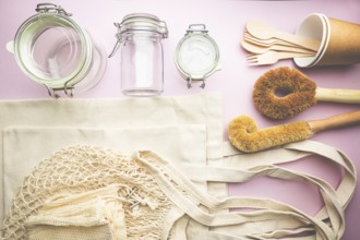 Zero waste conception, cotton bags and glass gars for free plastic shopping