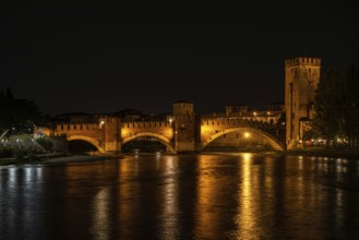Castlevecchio Bridge over the Adige River in Verona at Night, Italy