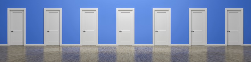 Seven white doors blue wall. 3D illustration