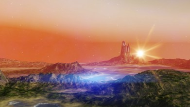 A fantasy landscape scenery at dawn 3D illustration