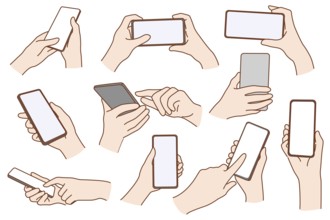 Set of people hold smartphone gadget with mockup screen use internet or social media. Collection of