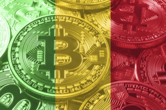 Mali bitcoin flag, national flag cryptocurrency concept black background