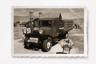 Old lorry at the petrol pump of the only petrol station in the former gold mining town of Bodie.