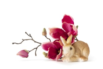 An image of an easter bunny sitting by some red magnolia flowers