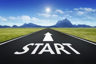 3d rendering of a road to horizon with text start