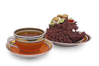 Orange cup of tea, a cake in the form of a hedgehog isolated on a white background, Russia