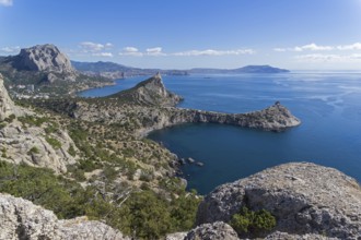 Beautiful view along the sea coast. Novyy Svet, Crimea, sunny day in september