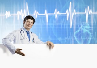 Young handsome doctor holding white blank banner. Place your text