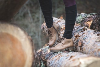 Womens leather casual shoes on wood in the forest