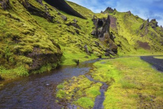 Picturesque basalt hills covered with green grass and moss-polar. At the bottom of the canyon