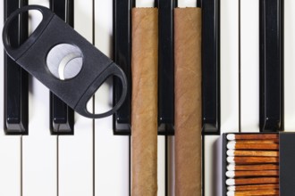 Detail of piano keyboard and luxury cigars