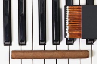 Detail of piano keyboard and luxury cigar