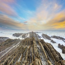Magical unique landscape. Flysch - unique landscape of underwater rocks exposed at low tide. The