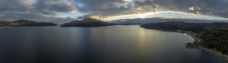 Evening mood at Loch Alsh with Tulach Ard hill and Skye Bridge, drone shot, Reraig, Kyle, Scotland,