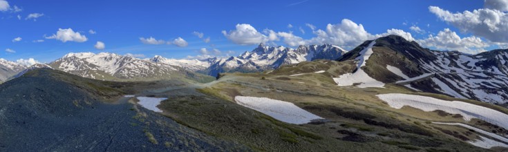 Panorama with Pic de Rochebrune, striking mountain peak, Italian-French Alps, Sestriere, Piedmont,