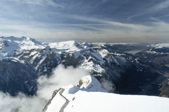 Anti-Avalanche Structures, Snow Bridges, Snow Nets on Mannlichen Mountain. Swiss Alps. Switzerland.
