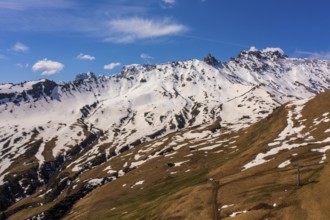 Panoramic view from the Seiser Alm to the Dolomites in Italy, drone shot