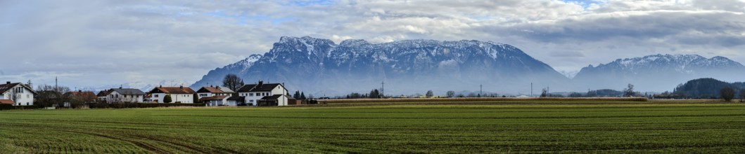 Panorama with green fields and mountains in the background, Ainring, Upper Bavaria