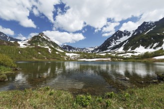 Scenery summer landscape of Kamchatka: beautiful view of Mountain Range Vachkazhets, mountain lake