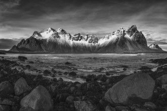 Vestrahorn mountain range and Stokksnes beach panorama, near Hofn, Iceland. Vatnajokull National