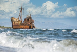 Old rustic big ship. Blue sky