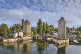 View of medieval bridge Ponts Couverts from the Barrage Vauban in Strasbourg, France