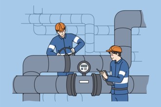 Male workers in uniform inspect and maintain water tubes and pipes. Mechanics control pipeline